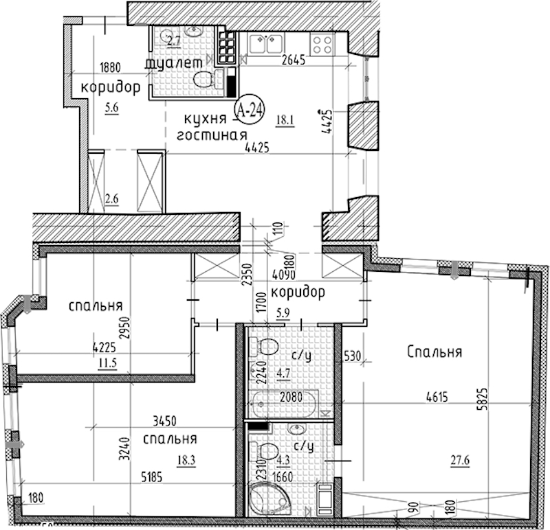 3-комнатная квартира 101.3 м², 4/7 эт., ЖК «Северная Корона»